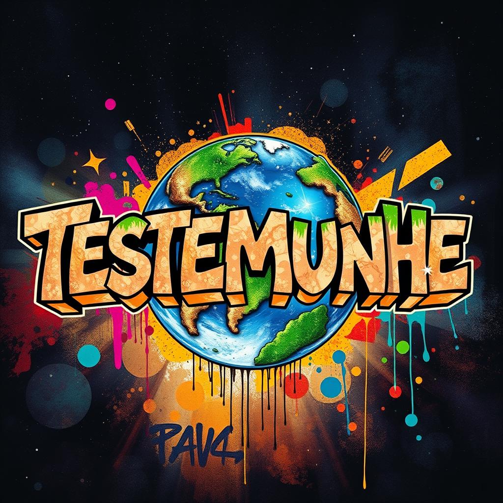 A creative depiction of the word 'Testemunhe' designed to resemble the planet Earth using various natural elements like landmasses and bodies of water