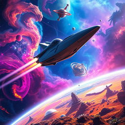 A stunning digital art scene depicting a vibrant space exploration theme for a sci-fi book cover