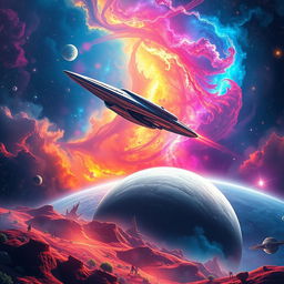 A stunning digital art scene depicting a vibrant space exploration theme for a sci-fi book cover