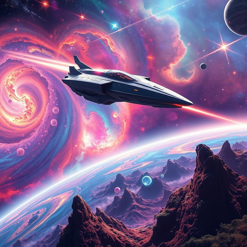 A stunning digital art scene depicting a vibrant space exploration theme for a sci-fi book cover