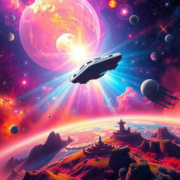 A stunning digital art scene depicting a vibrant space exploration theme for a sci-fi book cover