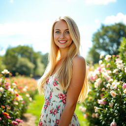 A young, beautiful blonde woman with long hair, striking blue eyes, wearing a stylish summer dress with floral patterns
