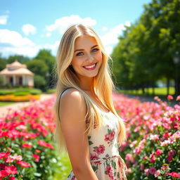 A young, beautiful blonde woman with long hair, striking blue eyes, wearing a stylish summer dress with floral patterns