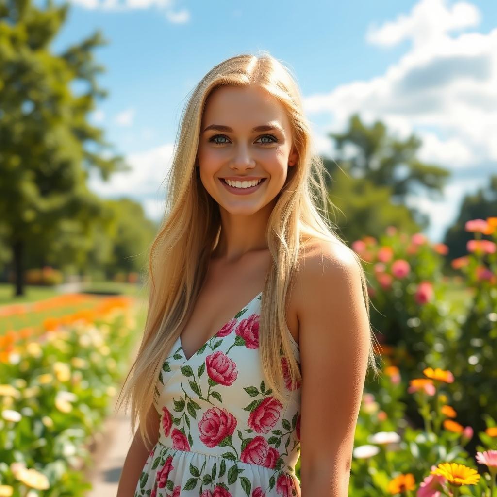 A young, beautiful blonde woman with long hair, striking blue eyes, wearing a stylish summer dress with floral patterns