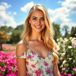 A young, beautiful blonde woman with long hair, striking blue eyes, wearing a stylish summer dress with floral patterns