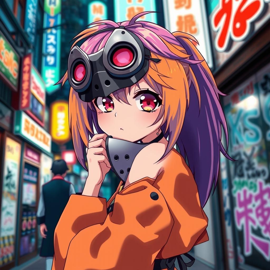 An anime girl wearing a stylish mask, with vibrant, colorful hair, large expressive eyes, and a playful yet mysterious expression