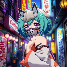 An anime girl wearing a stylish mask, with vibrant, colorful hair, large expressive eyes, and a playful yet mysterious expression