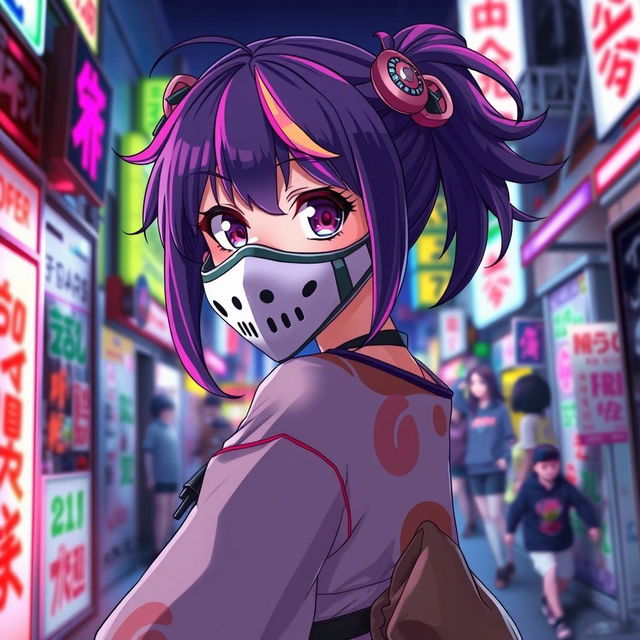 An anime girl wearing a stylish mask, with vibrant, colorful hair, large expressive eyes, and a playful yet mysterious expression