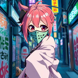 An anime girl wearing a stylish mask, with vibrant, colorful hair, large expressive eyes, and a playful yet mysterious expression