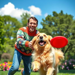 A playful scene featuring Jimmy Jumper, a cheerful man with a bright smile, wearing a colorful sweater and jeans, playing with his adorable dog in a sunny park