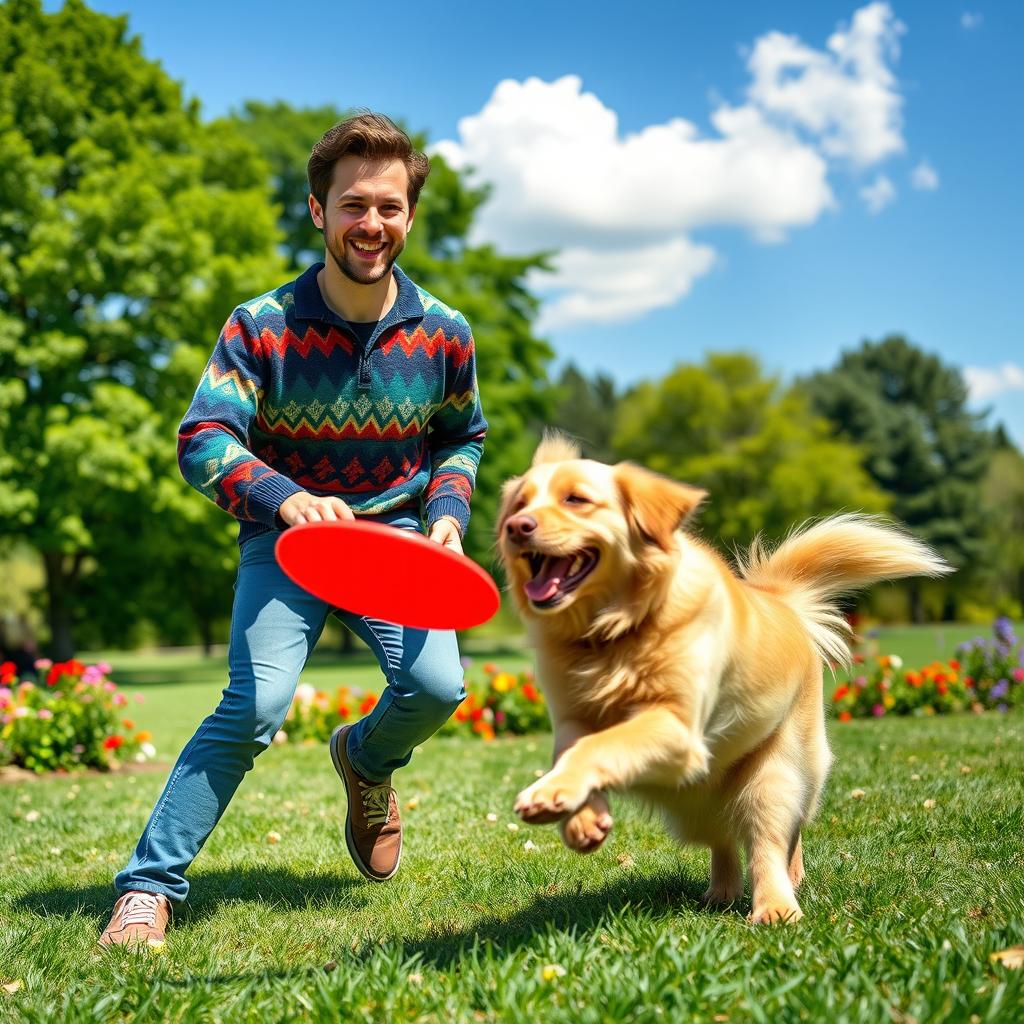 A playful scene featuring Jimmy Jumper, a cheerful man with a bright smile, wearing a colorful sweater and jeans, playing with his adorable dog in a sunny park