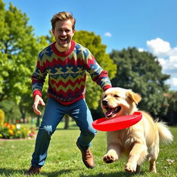 A playful scene featuring Jimmy Jumper, a cheerful man with a bright smile, wearing a colorful sweater and jeans, playing with his adorable dog in a sunny park