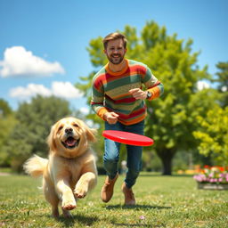 A playful scene featuring Jimmy Jumper, a cheerful man with a bright smile, wearing a colorful sweater and jeans, playing with his adorable dog in a sunny park