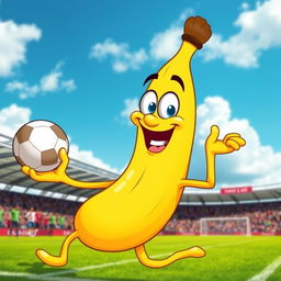 A joyful banana character, smiling brightly, with expressive cartoon-style features