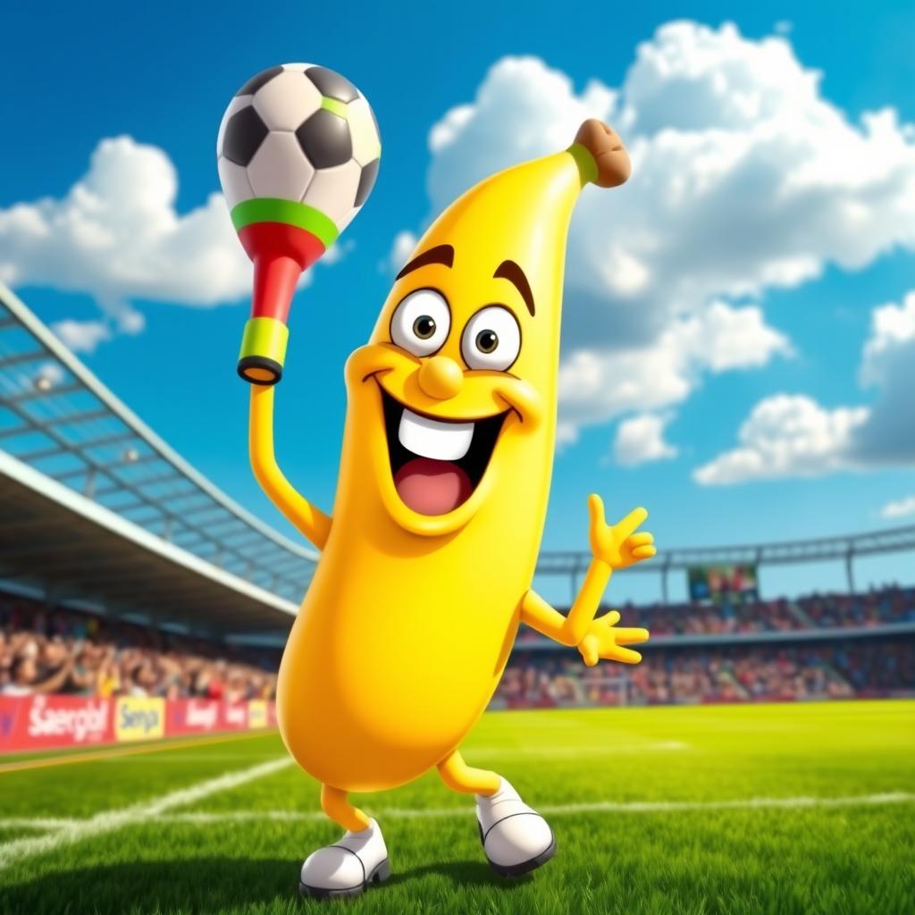 A joyful banana character, smiling brightly, with expressive cartoon-style features
