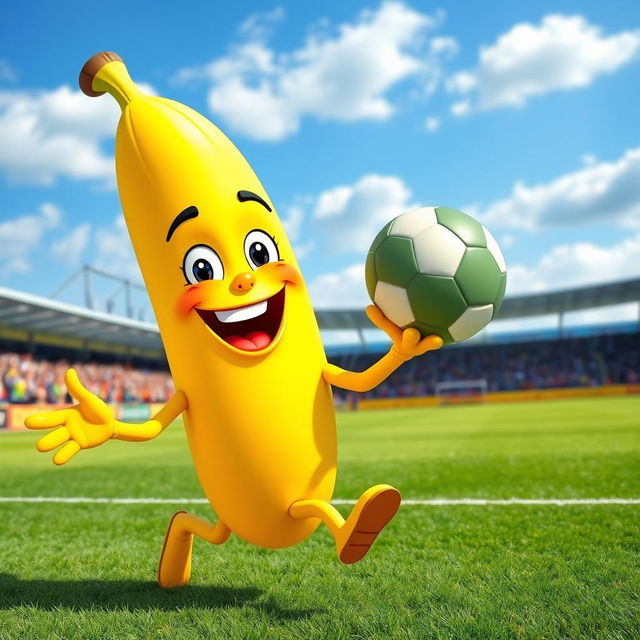 A joyful banana character, smiling brightly, with expressive cartoon-style features