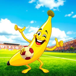 A joyful banana character, smiling brightly, with expressive cartoon-style features