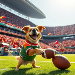 A whimsical scene of a cheerful dog in a vibrant football stadium, wearing a colorful jersey that matches the team colors