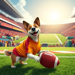 A whimsical scene of a cheerful dog in a vibrant football stadium, wearing a colorful jersey that matches the team colors