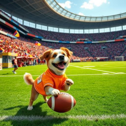 A whimsical scene of a cheerful dog in a vibrant football stadium, wearing a colorful jersey that matches the team colors