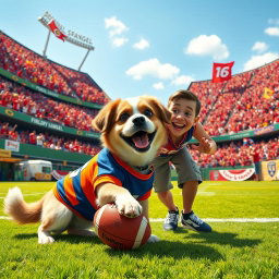 A whimsical scene of a cheerful dog in a vibrant football stadium, wearing a colorful jersey that matches the team colors