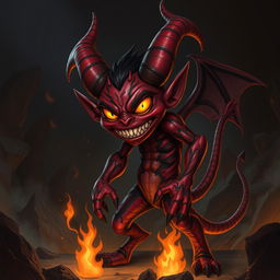 A menacing but visually captivating depiction of a devil character, with intricate red and black skin, curled horns, and glowing yellow eyes