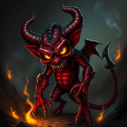 A menacing but visually captivating depiction of a devil character, with intricate red and black skin, curled horns, and glowing yellow eyes