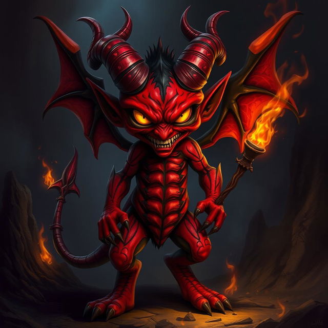 A menacing but visually captivating depiction of a devil character, with intricate red and black skin, curled horns, and glowing yellow eyes