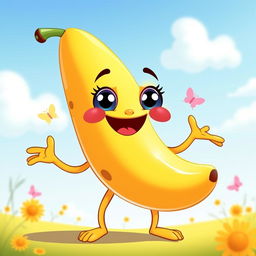 A cheerful and happy banana character with a wide smile and bright, cartoonish eyes