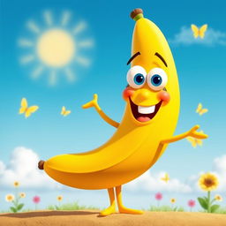 A cheerful and happy banana character with a wide smile and bright, cartoonish eyes