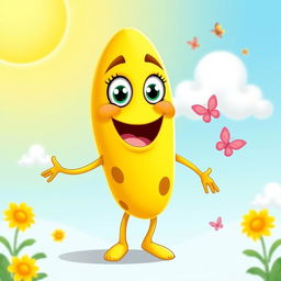 A cheerful and happy banana character with a wide smile and bright, cartoonish eyes