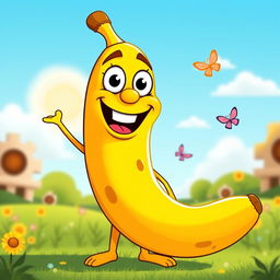 A cheerful and happy banana character with a wide smile and bright, cartoonish eyes