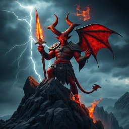 A striking image of a powerful devil with majestic horns and fiery red skin, standing confidently atop a rocky mountain peak under a stormy sky