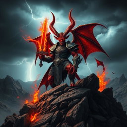 A striking image of a powerful devil with majestic horns and fiery red skin, standing confidently atop a rocky mountain peak under a stormy sky