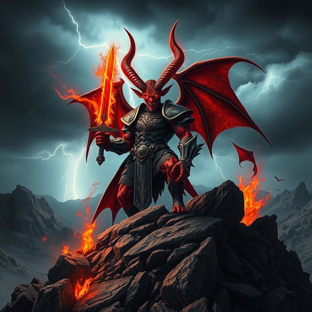 A striking image of a powerful devil with majestic horns and fiery red skin, standing confidently atop a rocky mountain peak under a stormy sky