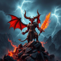 A striking image of a powerful devil with majestic horns and fiery red skin, standing confidently atop a rocky mountain peak under a stormy sky