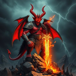 A striking image of a powerful devil with majestic horns and fiery red skin, standing confidently atop a rocky mountain peak under a stormy sky