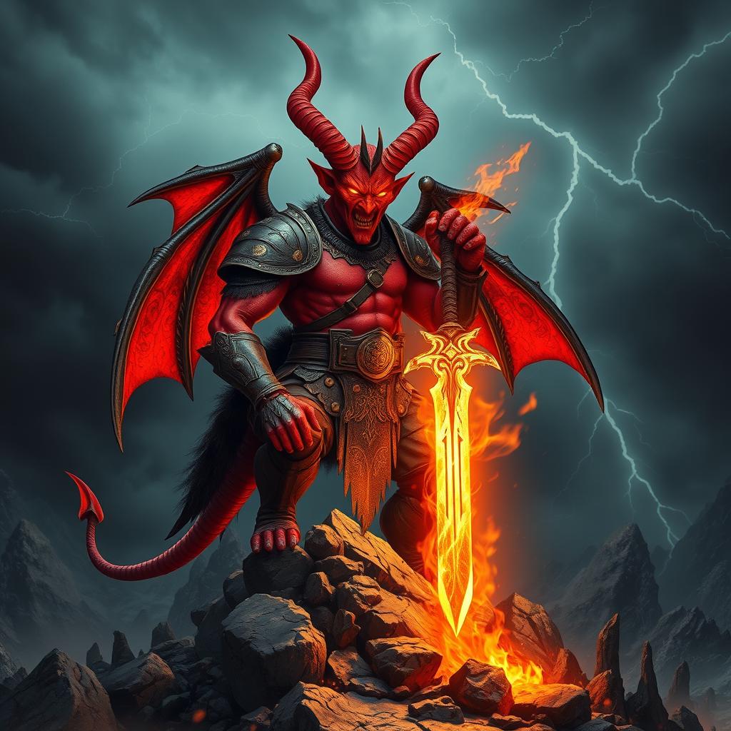 A striking image of a powerful devil with majestic horns and fiery red skin, standing confidently atop a rocky mountain peak under a stormy sky