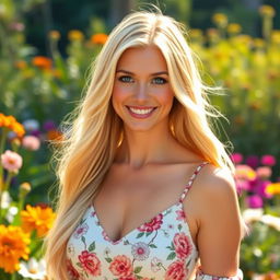A beautiful blonde woman with long flowing hair and bright blue eyes, dressed in a stylish summer dress adorned with floral patterns