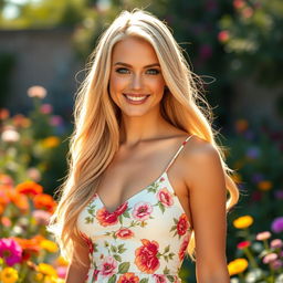 A beautiful blonde woman with long flowing hair and bright blue eyes, dressed in a stylish summer dress adorned with floral patterns