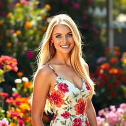 A beautiful blonde woman with long flowing hair and bright blue eyes, dressed in a stylish summer dress adorned with floral patterns