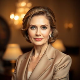 A beautiful mature Russian woman with high cheekbones, clear skin, and a well-groomed appearance, wearing elegant attire that highlights her sophisticated style