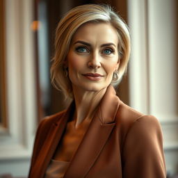 A beautiful mature Russian woman with high cheekbones, clear skin, and a well-groomed appearance, wearing elegant attire that highlights her sophisticated style