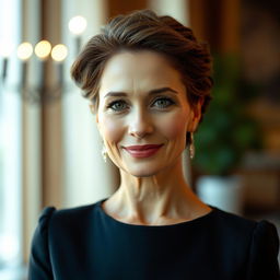 A beautiful mature Russian woman with high cheekbones, clear skin, and a well-groomed appearance, wearing elegant attire that highlights her sophisticated style
