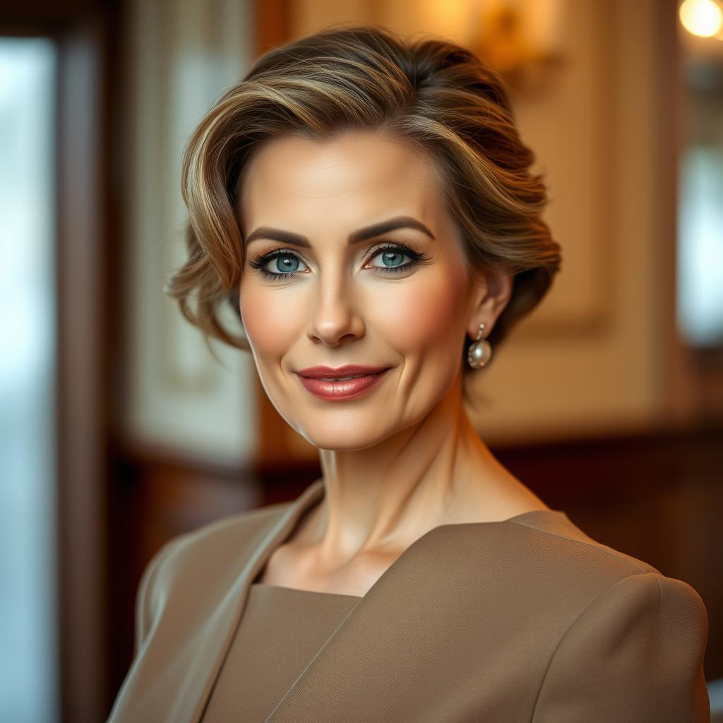 A beautiful mature Russian woman with high cheekbones, clear skin, and a well-groomed appearance, wearing elegant attire that highlights her sophisticated style