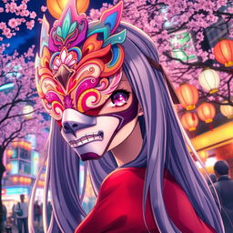 A beautiful anime girl wearing an intricate mask, featuring vivid colors and elaborate designs