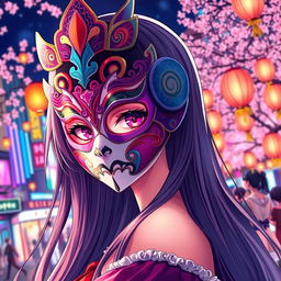 A beautiful anime girl wearing an intricate mask, featuring vivid colors and elaborate designs