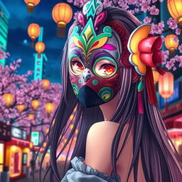 A beautiful anime girl wearing an intricate mask, featuring vivid colors and elaborate designs