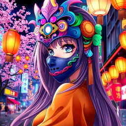 A beautiful anime girl wearing an intricate mask, featuring vivid colors and elaborate designs