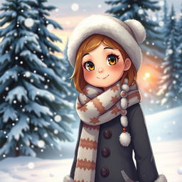 A beautiful snow girl standing in a winter wonderland scene, wearing a stylish, cozy winter outfit with a fluffy hat and scarf, surrounded by gently falling snowflakes